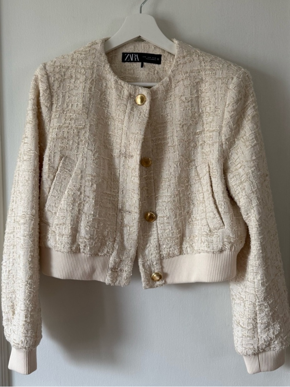 Zara Cream Bouclé Bomber Jacket with Gold Buttons